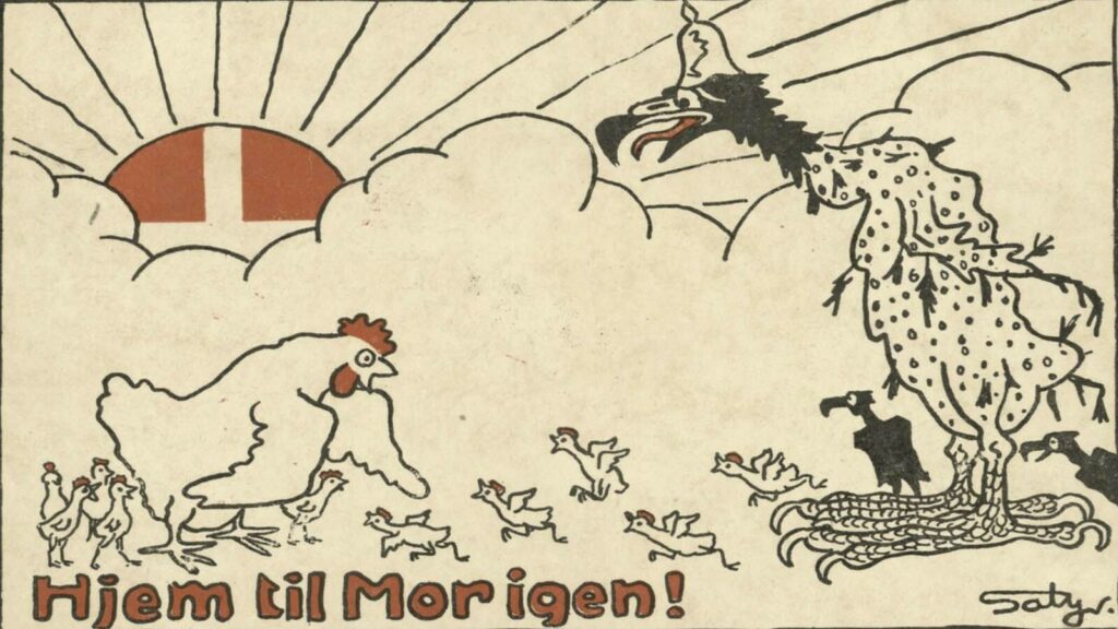 Satirisk postkort: Hjem til mor igen. Genforeningen 1920